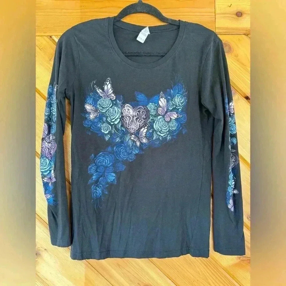 Heart Lock Scoop Neck Black Long Sleeve Ladies Shirt Medium